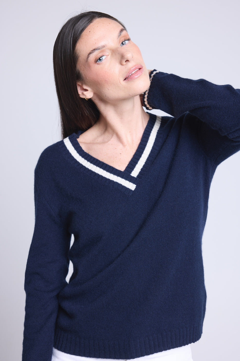 Pull Col V Cricket College Sia - Bleu Marine Et Blanc - Femme