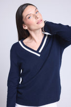 Pull Col V Cricket College Sia - Bleu Marine Et Blanc - Femme