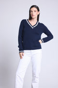Pull Col V Cricket College Sia - Bleu Marine Et Blanc - Femme