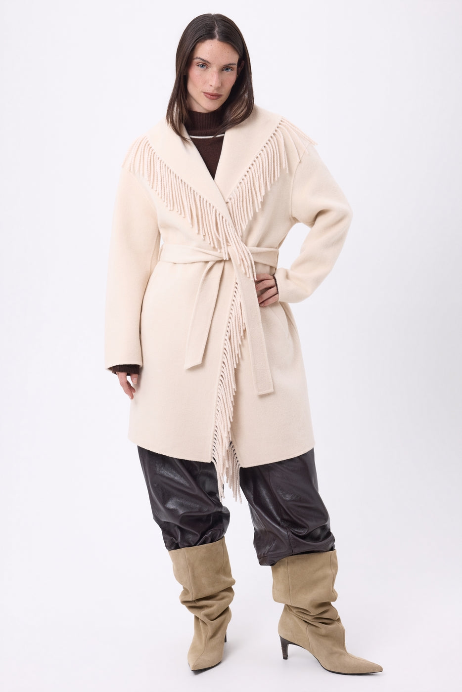 Sienna Fringed Coat - Beige - Women