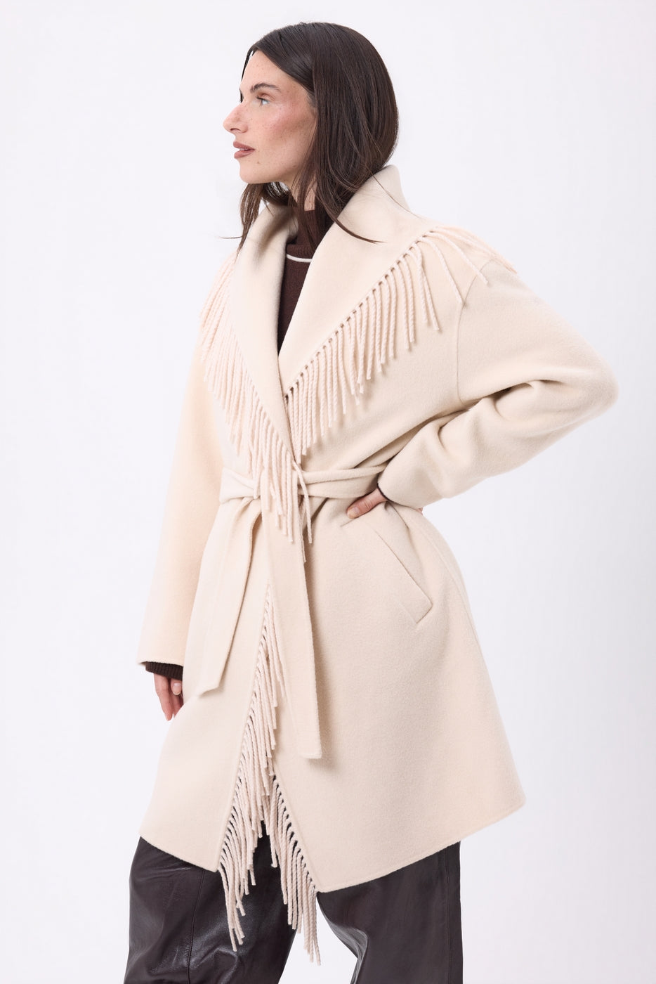 Sienna Fringed Coat - Beige - Women