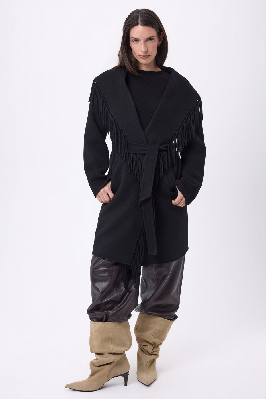 Sienna Fringed Coat - Black - Women