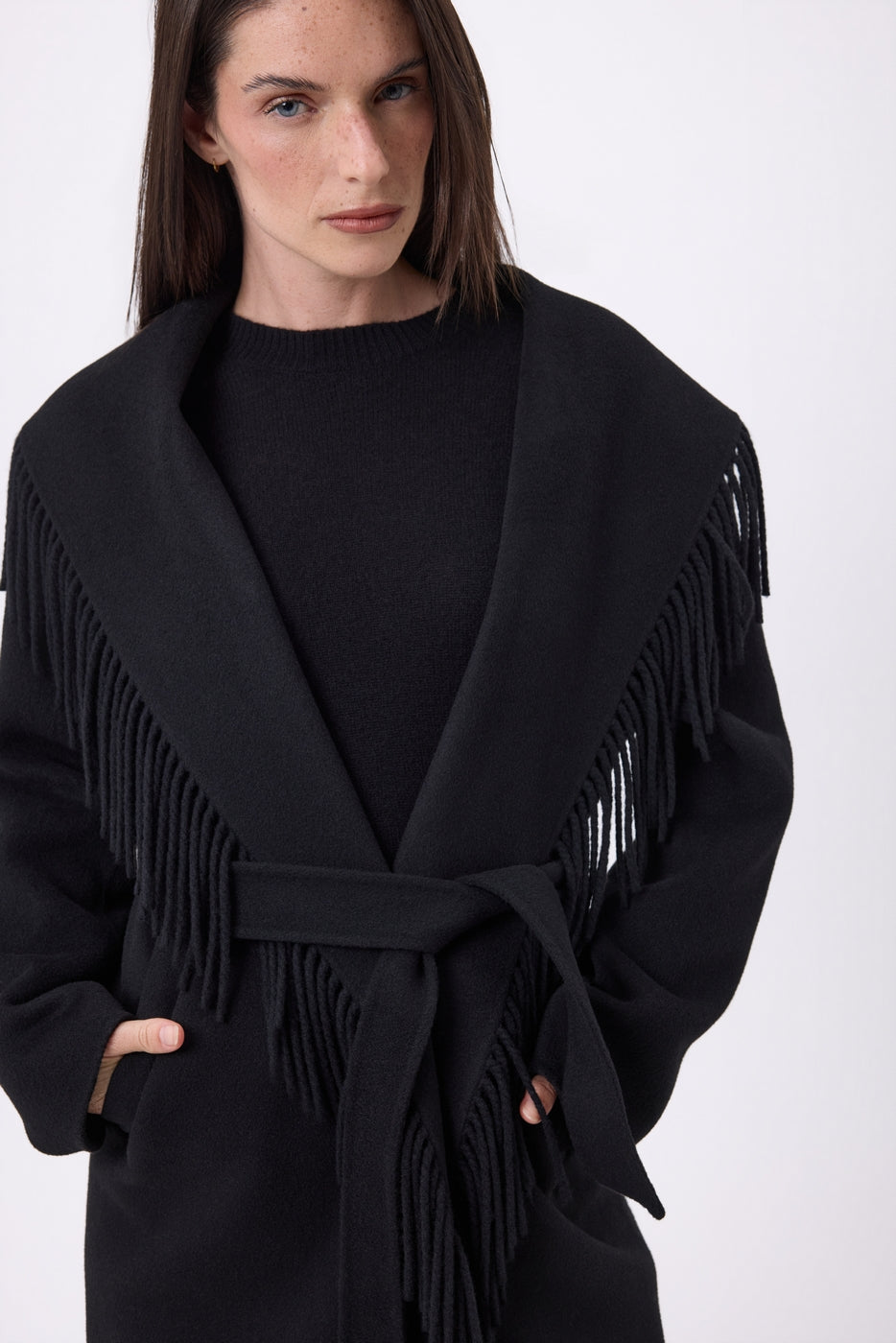 Sienna Fringed Coat - Black - Women