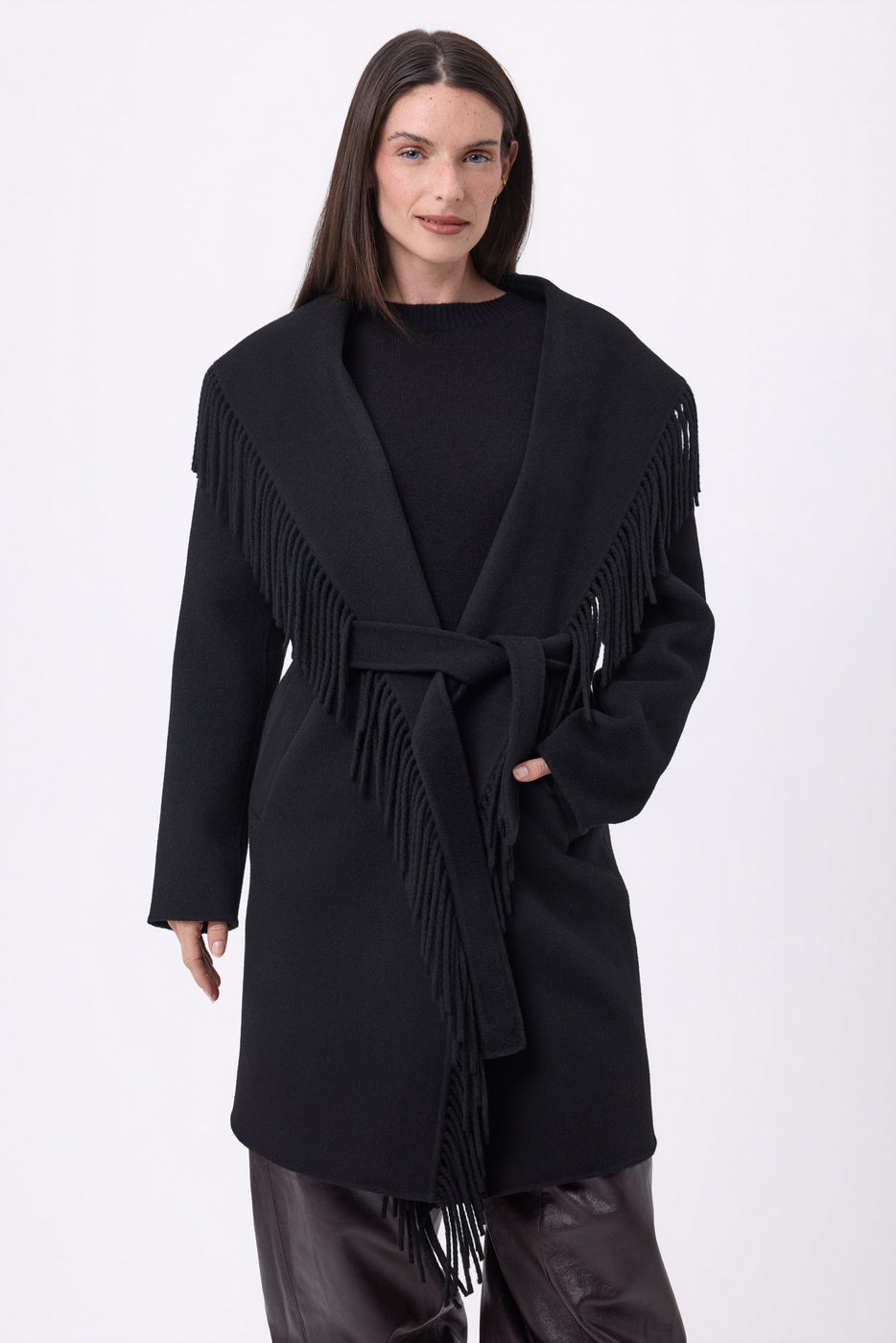 Sienna Fringed Coat - Black - Women