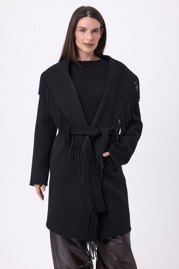 Abrigo con Flecos Sienna - Negro - Mujer - Cachemira y Lana