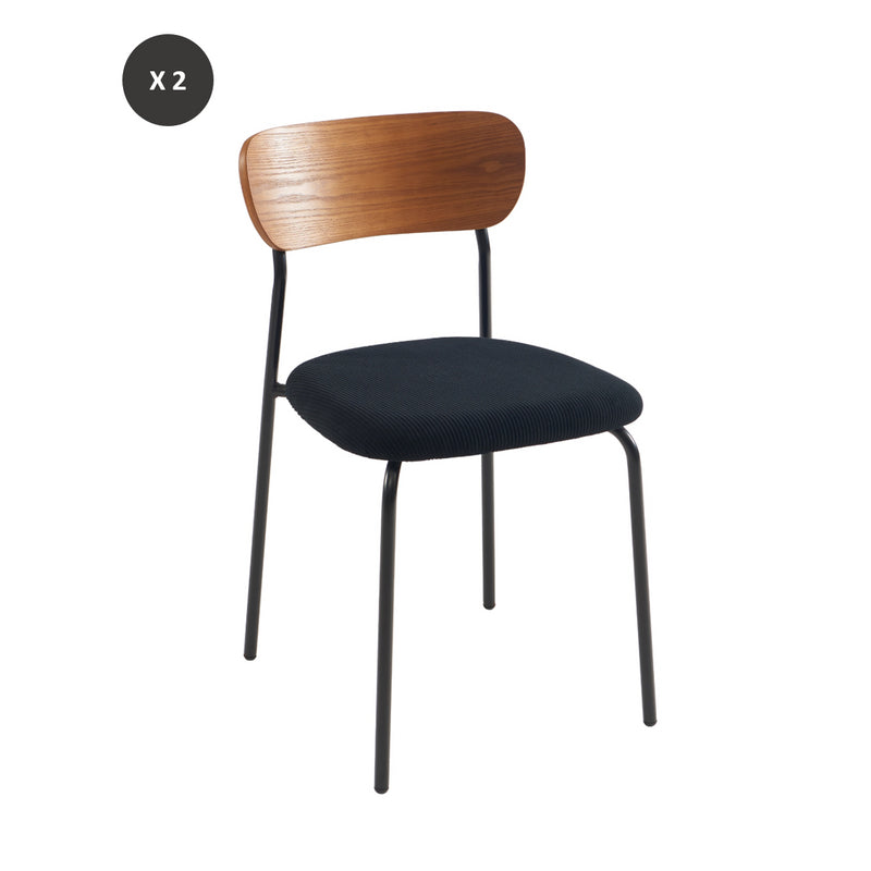 Lot De 2 Chaises Frida - Velours Côtelé Noir Pieds Métal Noir