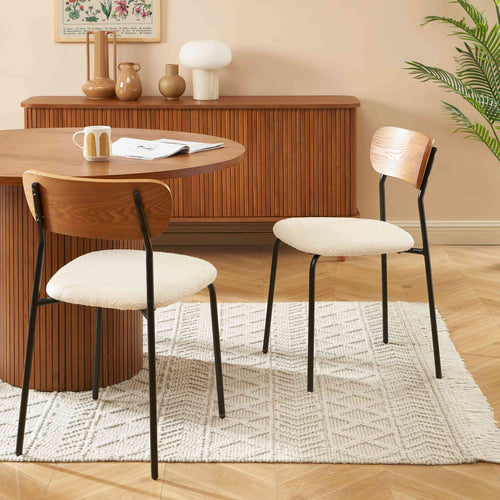 Lot De 2 Chaises Frida - Tissu Bouclette Écru Pieds Métal Noir