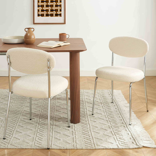 Lot De 2 Chaises Vick - Bouclette Écrue Et Pieds En Métal Chromé