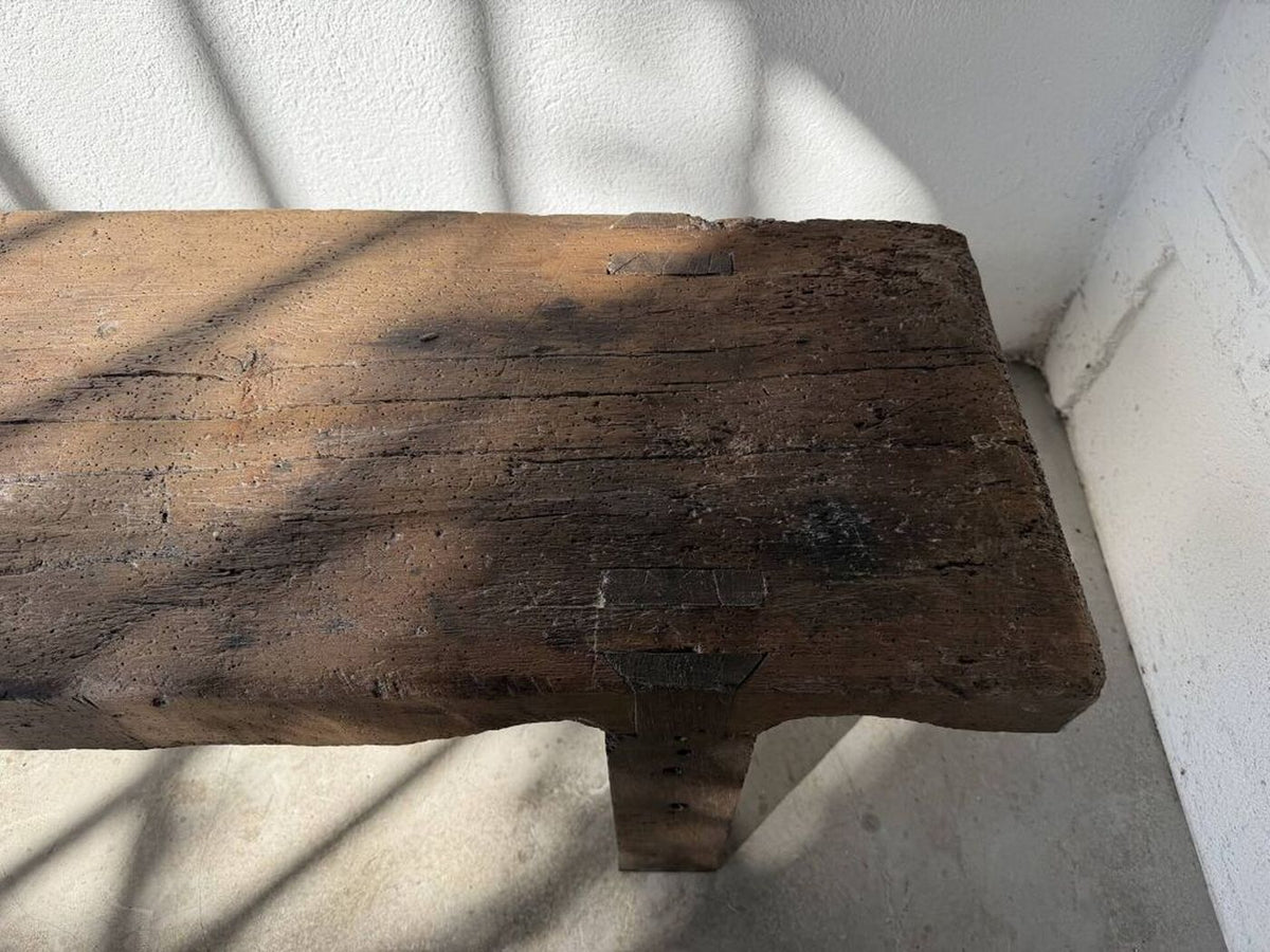 Brutalist Solid Oak Workbench Bench – Unique Piece/20th-Century Folk Art - Brown
