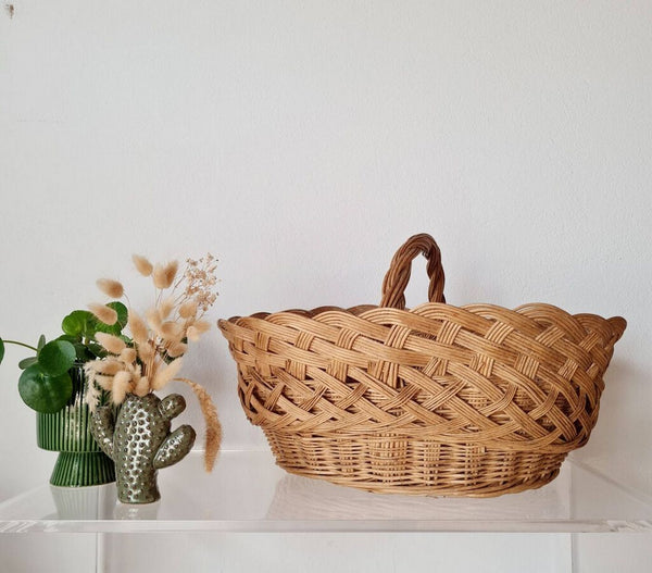 Cesta antigua de ratán – Almacenamiento decorativo bohemio vintage - Beige