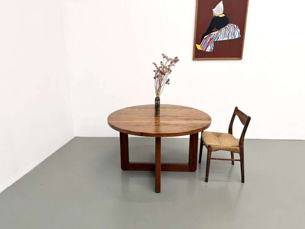 Table Ronde Moderniste En Orme Massif/Piètement Croisé - Bois