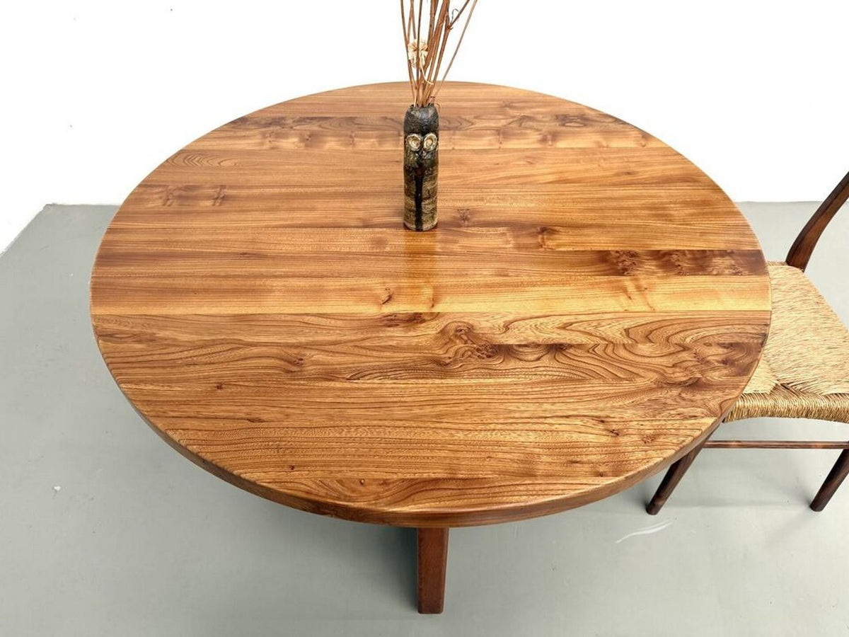 Table Ronde Moderniste En Orme Massif/Piètement Croisé - Bois