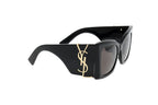 Luxury Eyewear – Gafas de sol - Saint Laurent, gafas de sol negras con logotipo dorado en el lateral, vista de tres cuartos