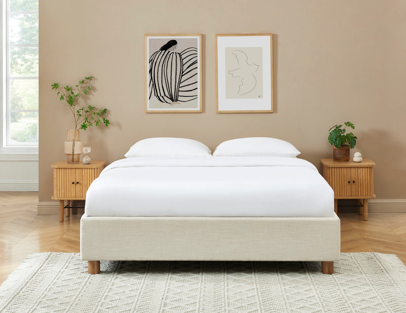 Lit Coffre Korall - Tissu Beige Lin - Sommier Inclus