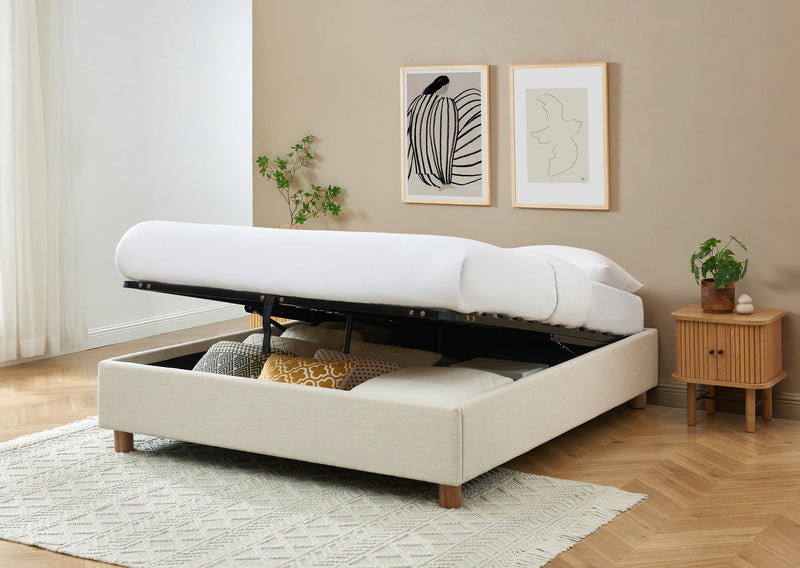 Lit Coffre Korall - Tissu Beige Lin - Sommier Inclus