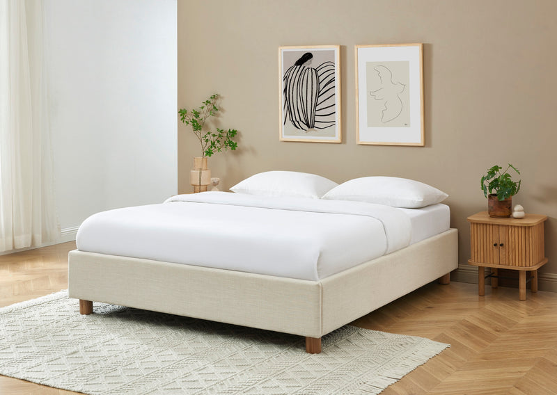 Lit Coffre Korall - Tissu Beige Lin - Sommier Inclus