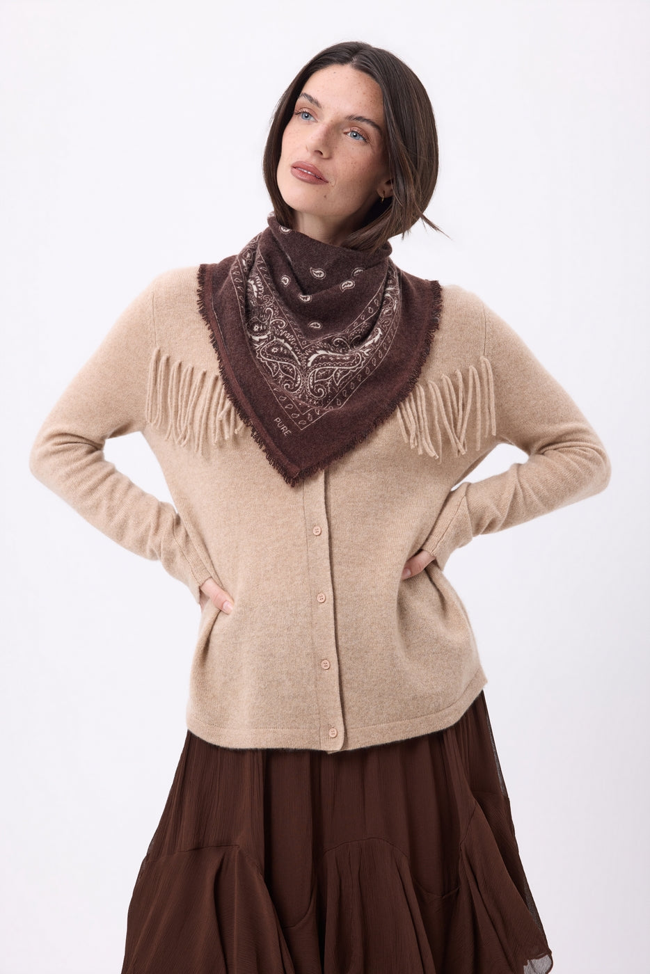 Petit Bandana Presley - Marron Blanc - Femme - 100% Cachemire