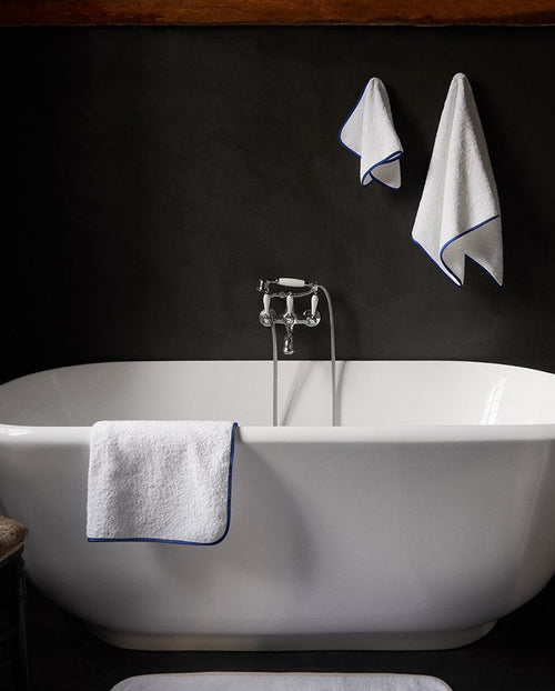 Paire De Serviettes Main - Blanc Liseré Bleu Cobalt