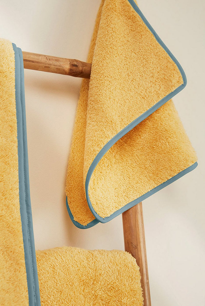 Paire De Serviettes Main - Jaune Blé Liseré Bleu Nattier