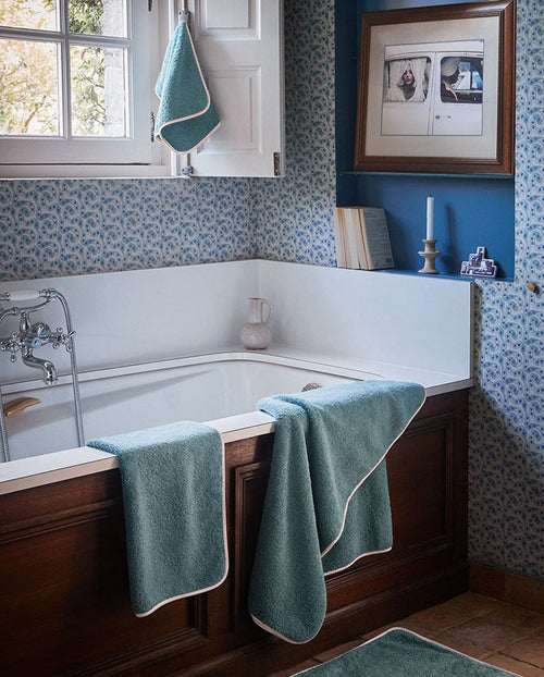 Paire De Serviettes Main - Bleu Chardin Liseré Rose