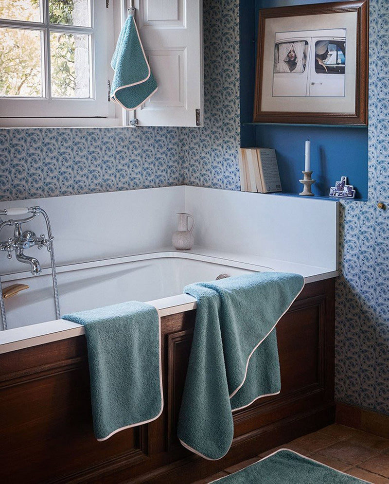 Paire De Serviettes Main - Bleu Chardin Liseré Rose