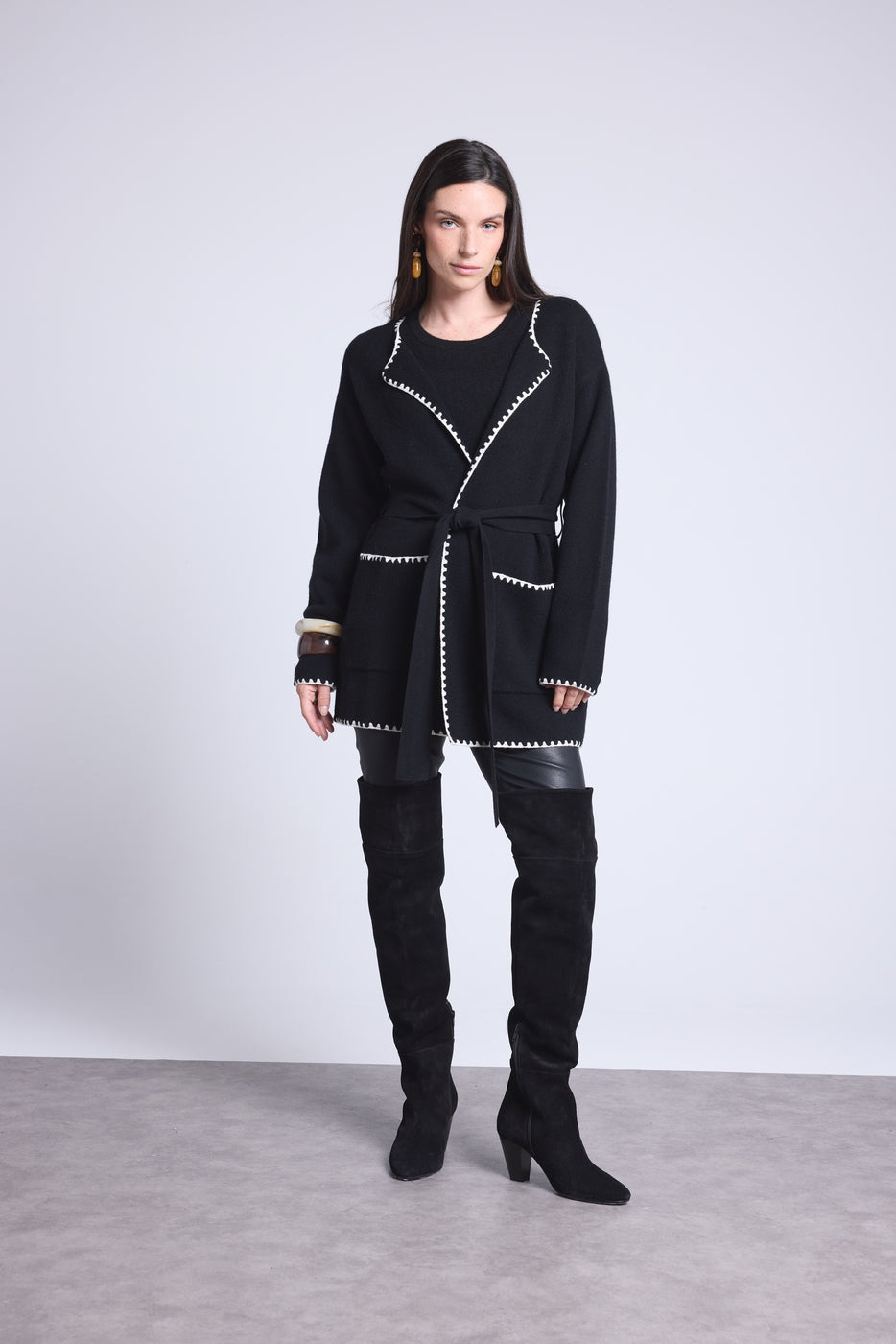 Long Jacket With Contrasting Borders Smeralda - Black White - Women