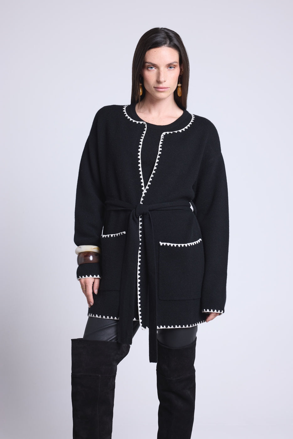 Long Jacket With Contrasting Borders Smeralda - Black White - Women