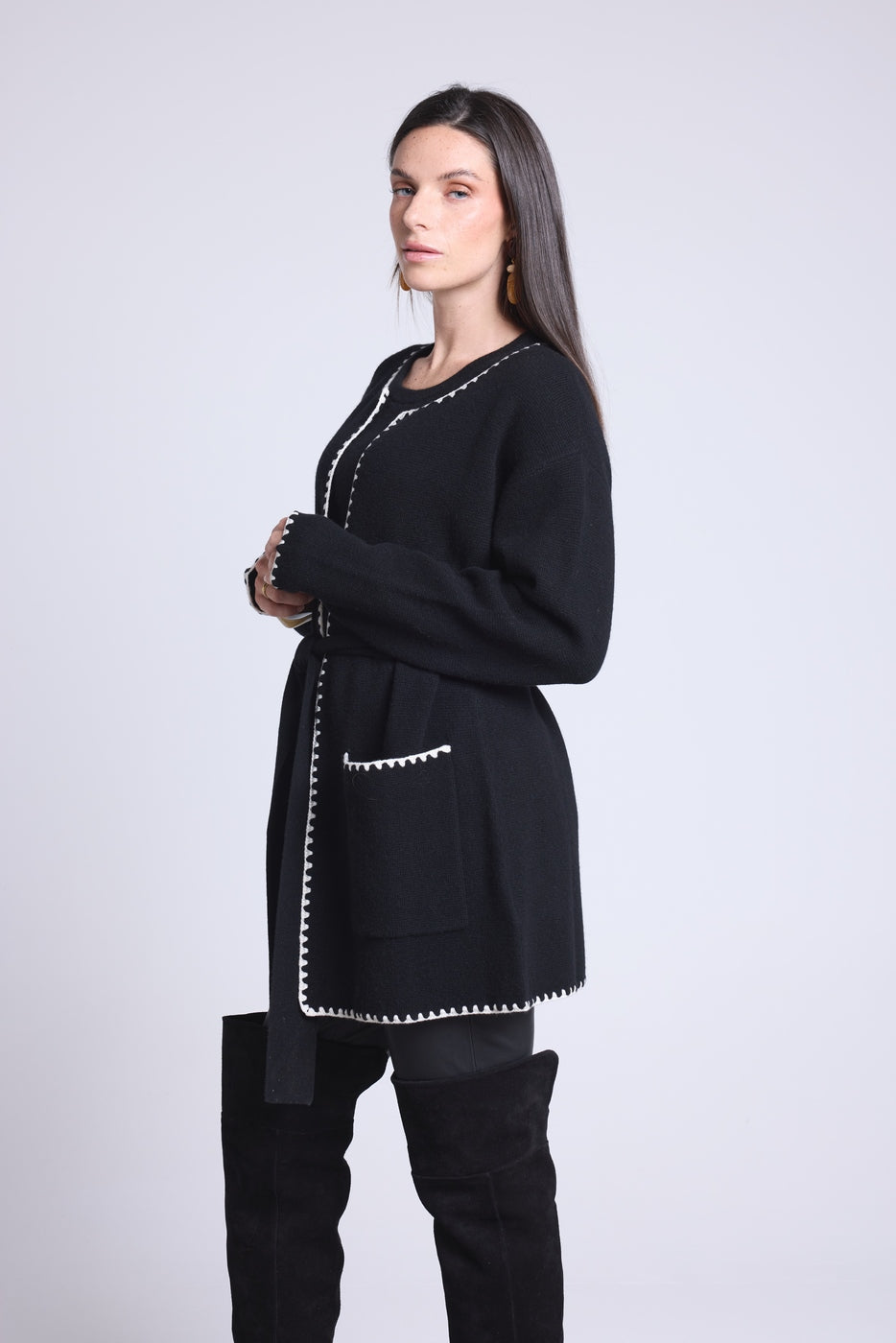 Long Jacket With Contrasting Borders Smeralda - Black White - Women