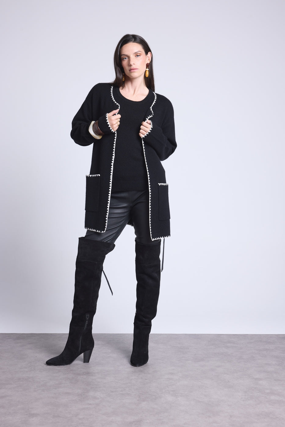 Long Jacket With Contrasting Borders Smeralda - Black White - Women