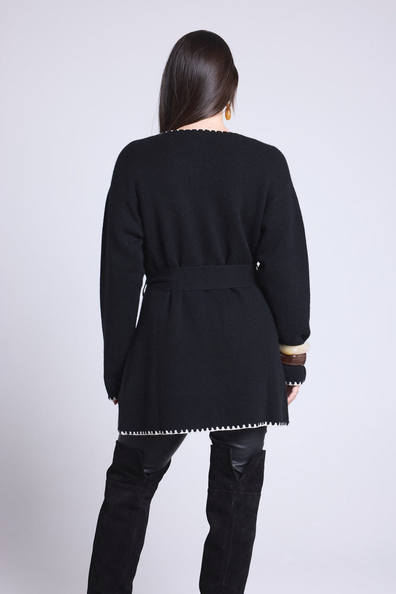 Smeralda Long Jacket with Contrasting Borders - Black White - Women