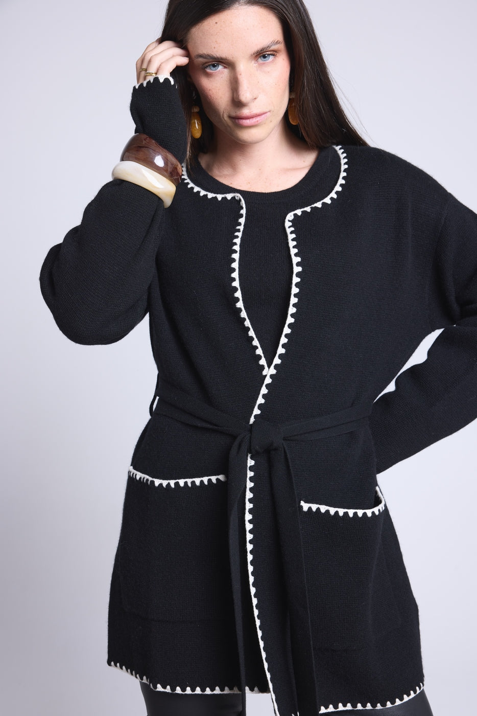 Long Jacket With Contrasting Borders Smeralda - Black White - Women