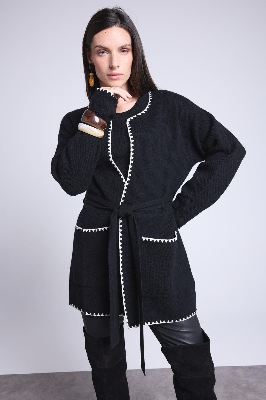 Long Jacket With Contrasting Borders Smeralda - Black White - Women