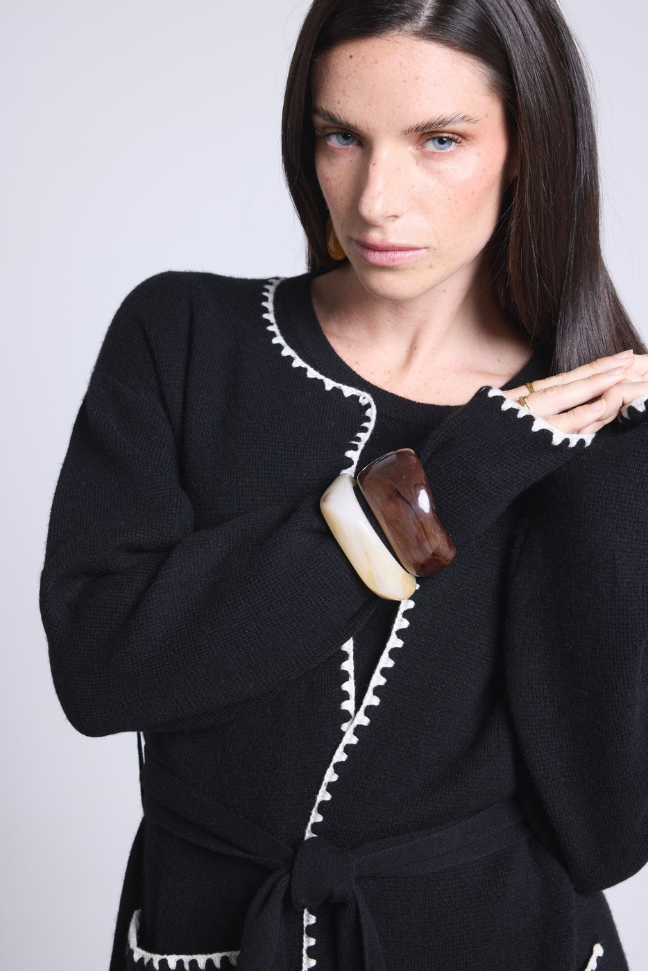 Long Jacket With Contrasting Borders Smeralda - Black White - Women