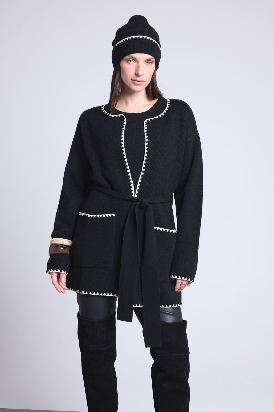 Long Jacket With Contrasting Borders Smeralda - Black White - Women