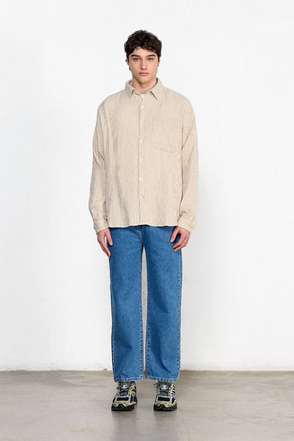 Camisa Beige Liso Rayas Snap