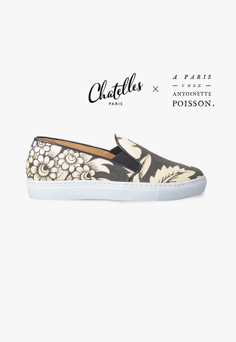 Canvas Slip-Ons With Large Black And Cream Poppies Pattern