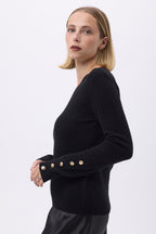 Pull Col Rond Boutons Dorés Manches Ballon F Sol - Noir - Femme