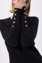 Pull Col Rond Boutons Dorés Manches Ballon F Sol - Noir - Femme