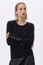 Pull Col Rond Boutons Dorés Manches Ballon F Sol - Noir - Femme