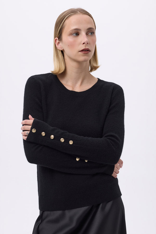Pull Col Rond Boutons Dorés Manches Ballon F Sol - Noir - Femme