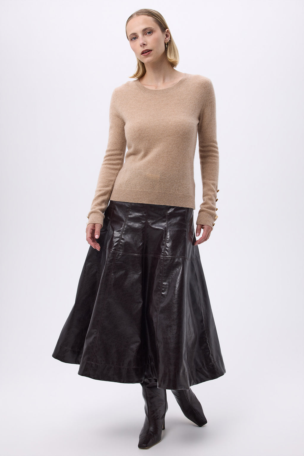 Pull Col Rond Boutons Dorés Manches Ballon F Sol - Beige Crème - Femme