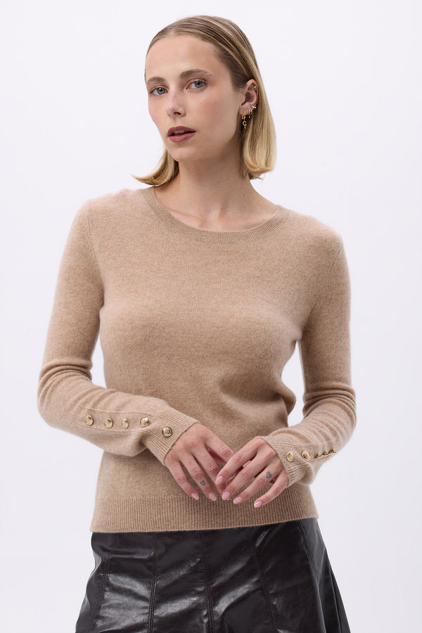 Pull Col Rond Boutons Dorés Manches Ballon F Sol - Beige Crème - Femme