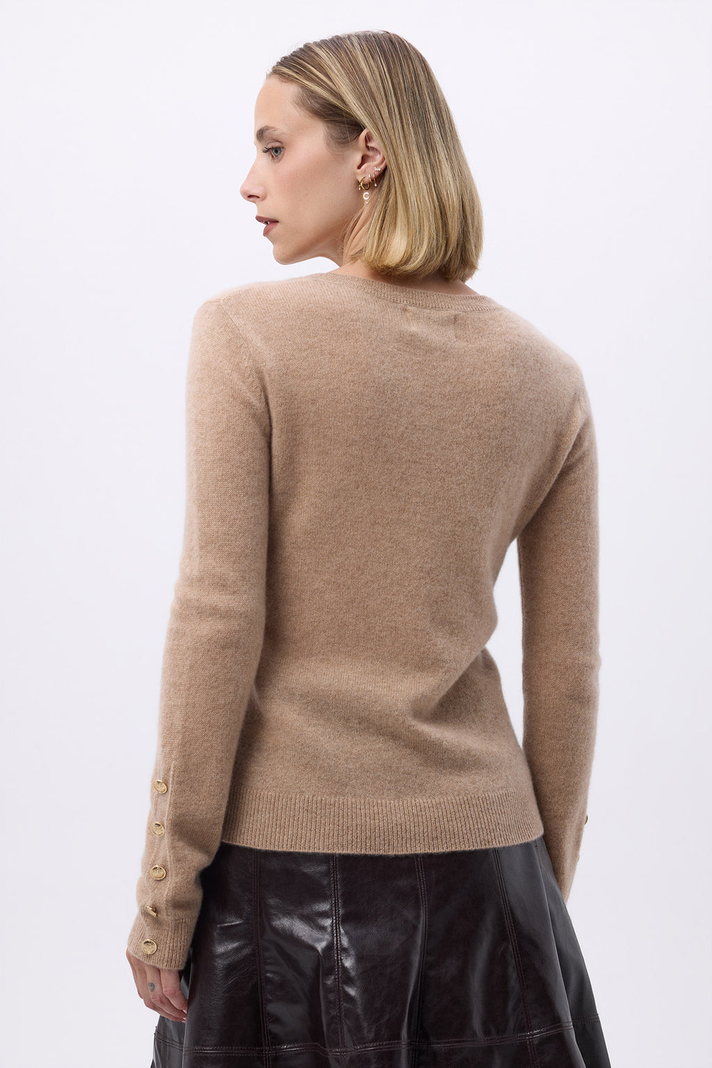 Pull Col Rond Boutons Dorés Manches Ballon F Sol - Beige Crème - Femme