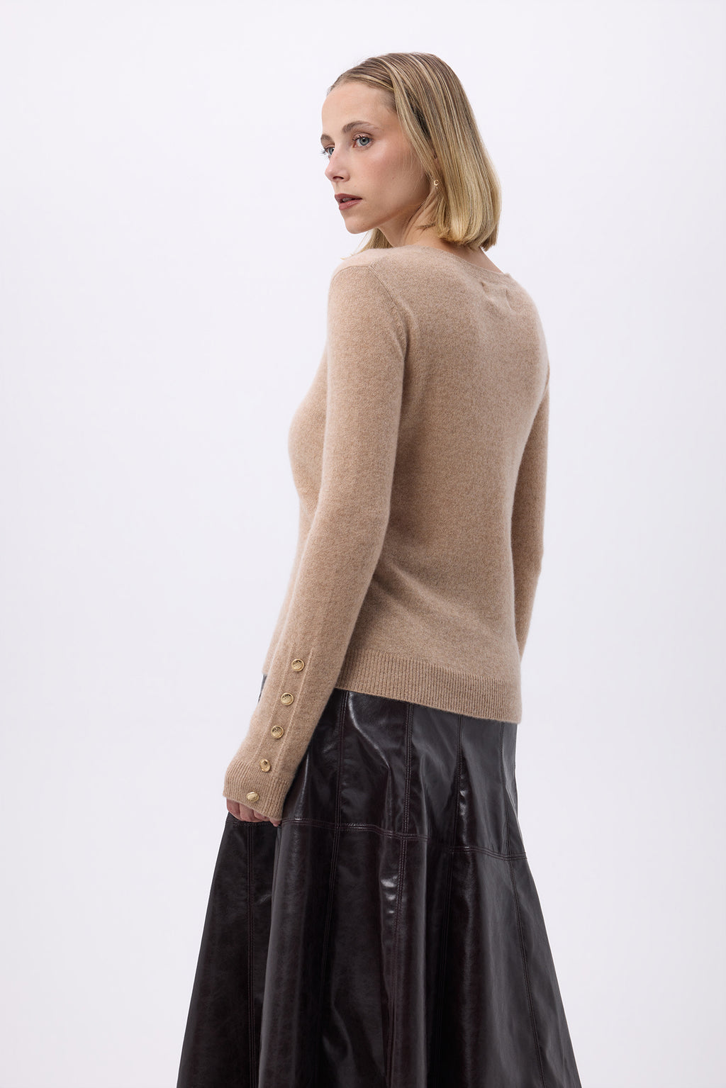 Pull Col Rond Boutons Dorés Manches Ballon F Sol - Beige Crème - Femme