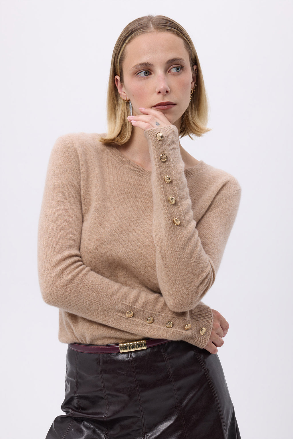 Pull Col Rond Boutons Dorés Manches Ballon F Sol - Beige Crème - Femme