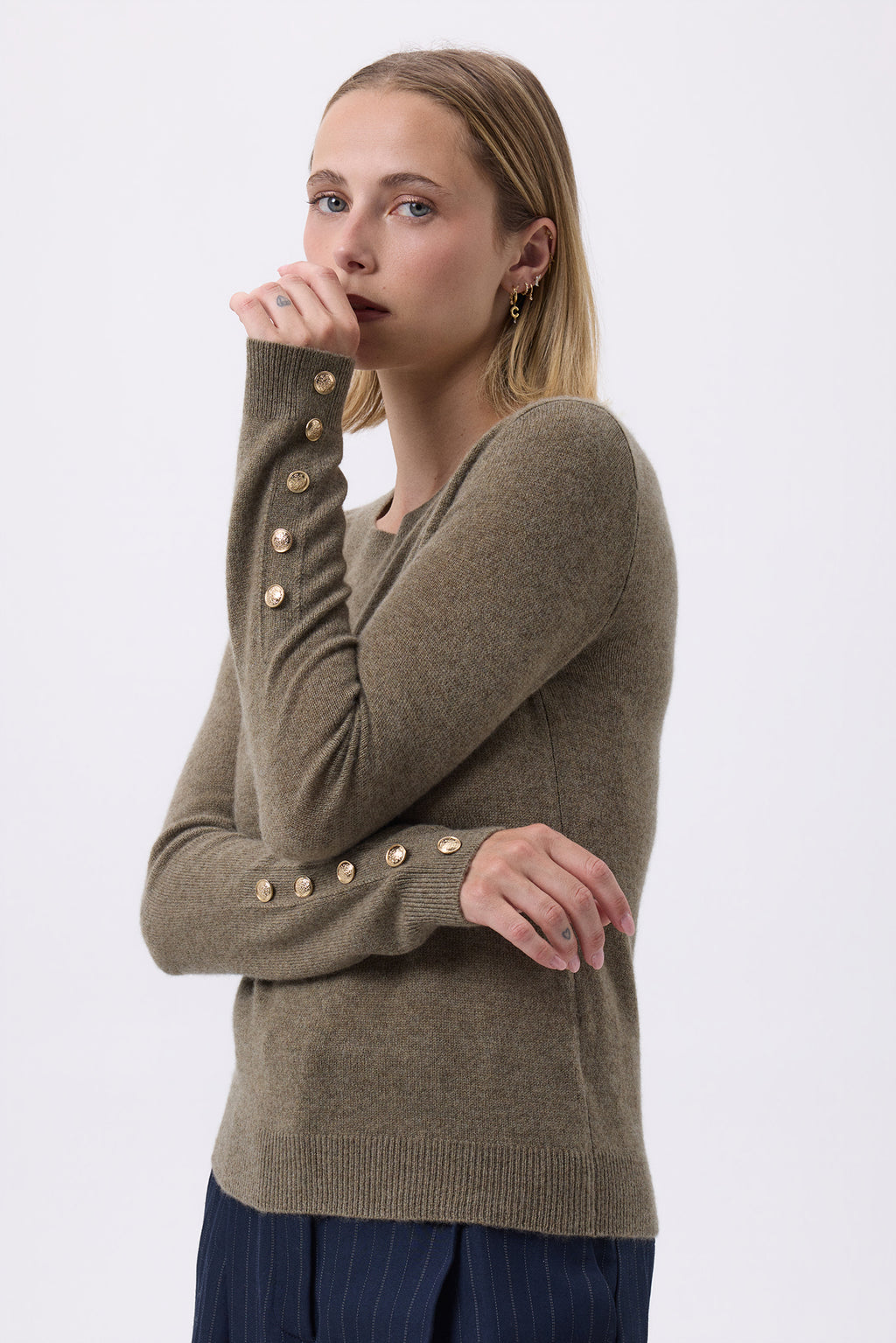 Pull Col Rond Boutons Dorés Hommeches Ballon F Sol - Vert Khaki - Femme