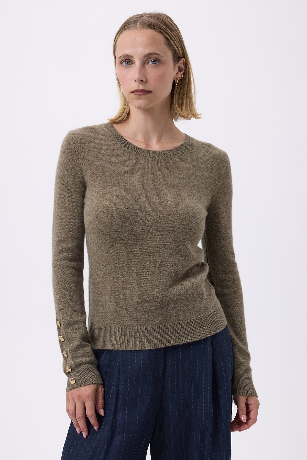 Pull Col Rond Boutons Dorés Hommeches Ballon F Sol - Vert Khaki - Femme