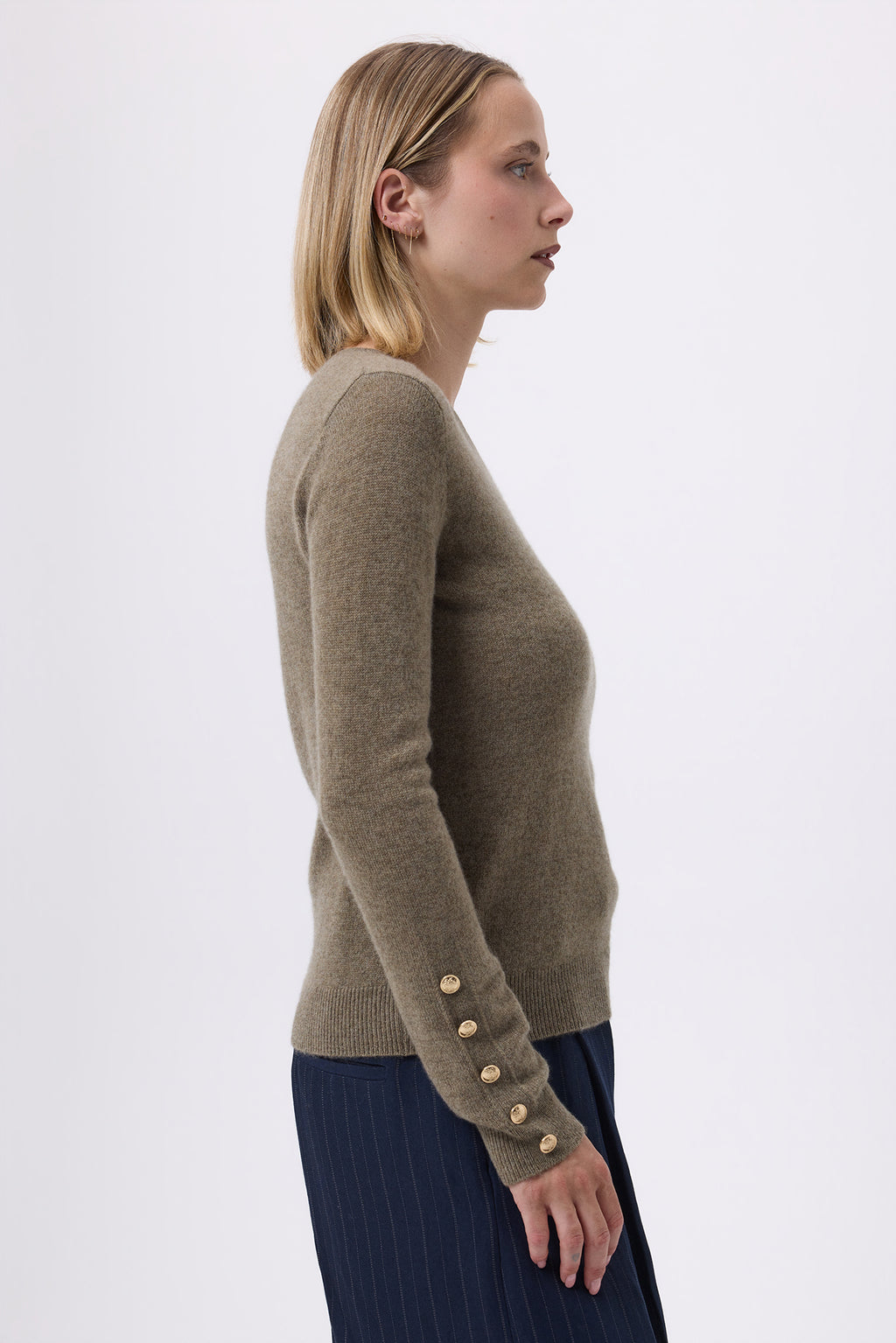 Pull Col Rond Boutons Dorés Hommeches Ballon F Sol - Vert Khaki - Femme