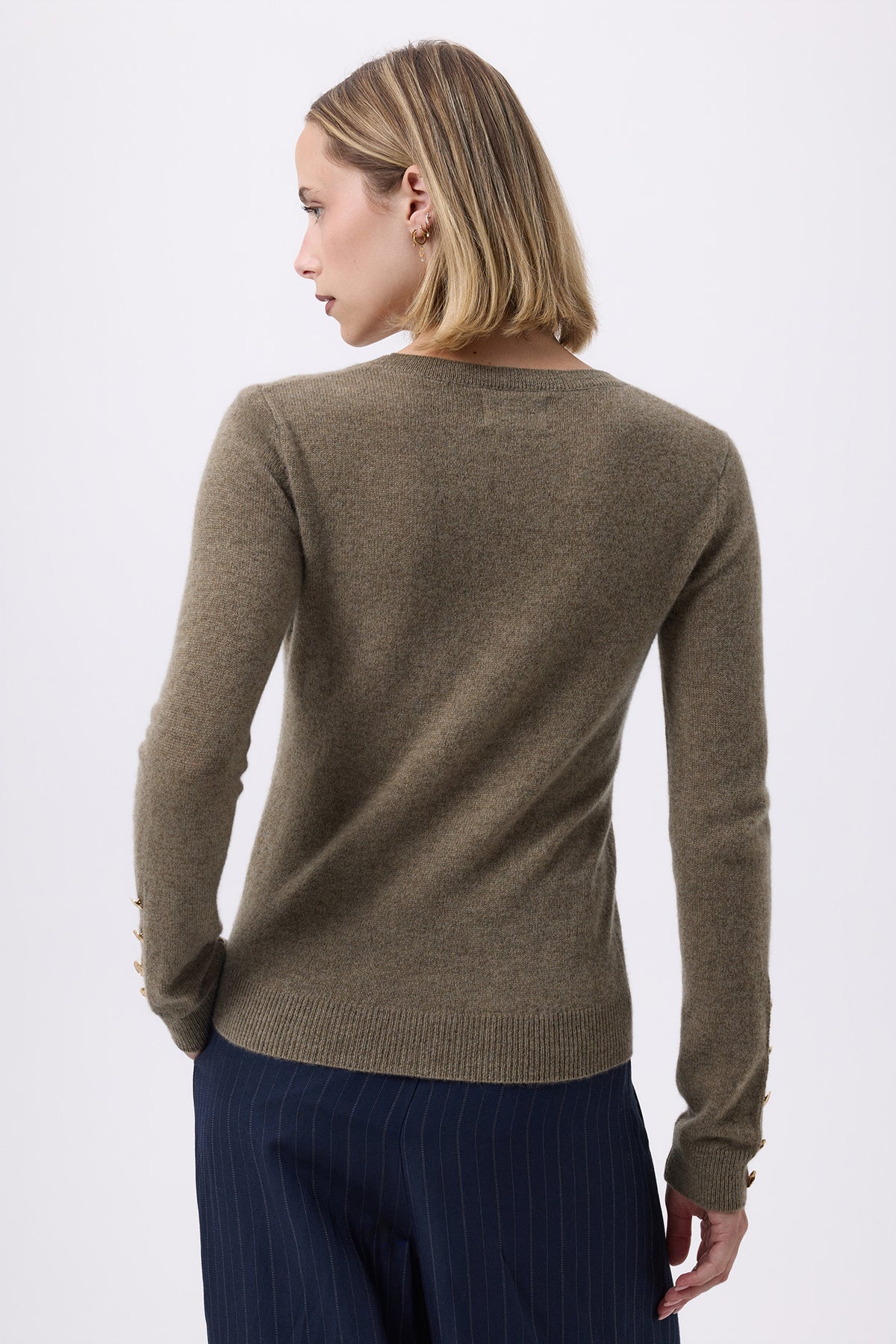 Pull Col Rond Boutons Dorés Hommeches Ballon F Sol - Vert Khaki - Femme