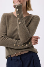 Pull Col Rond Boutons Dorés Hommeches Ballon F Sol - Vert Khaki - Femme